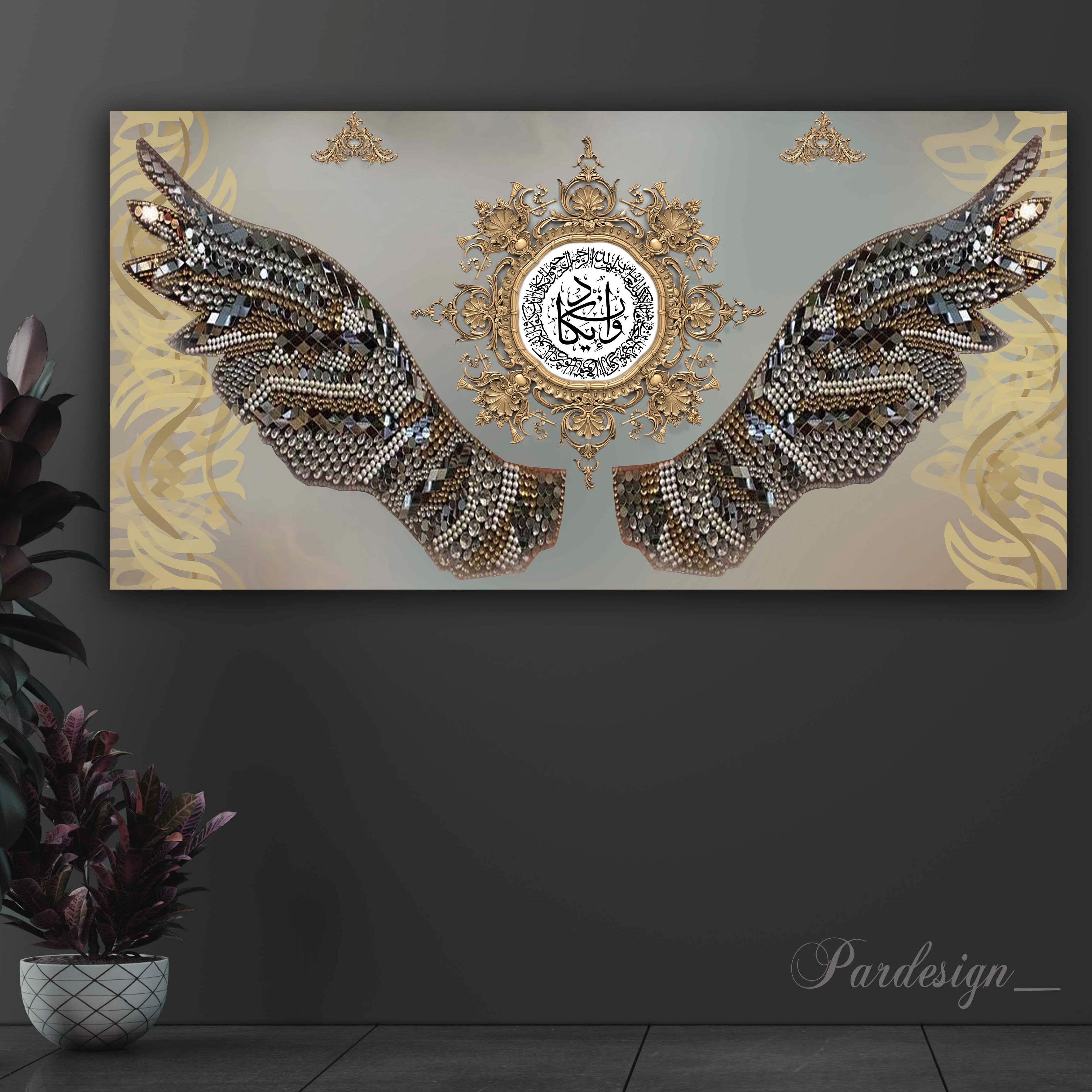 تابلو و ان یکاد و بال میکس مدیا روی بوم با نگین سایز پیشنهادی140-70