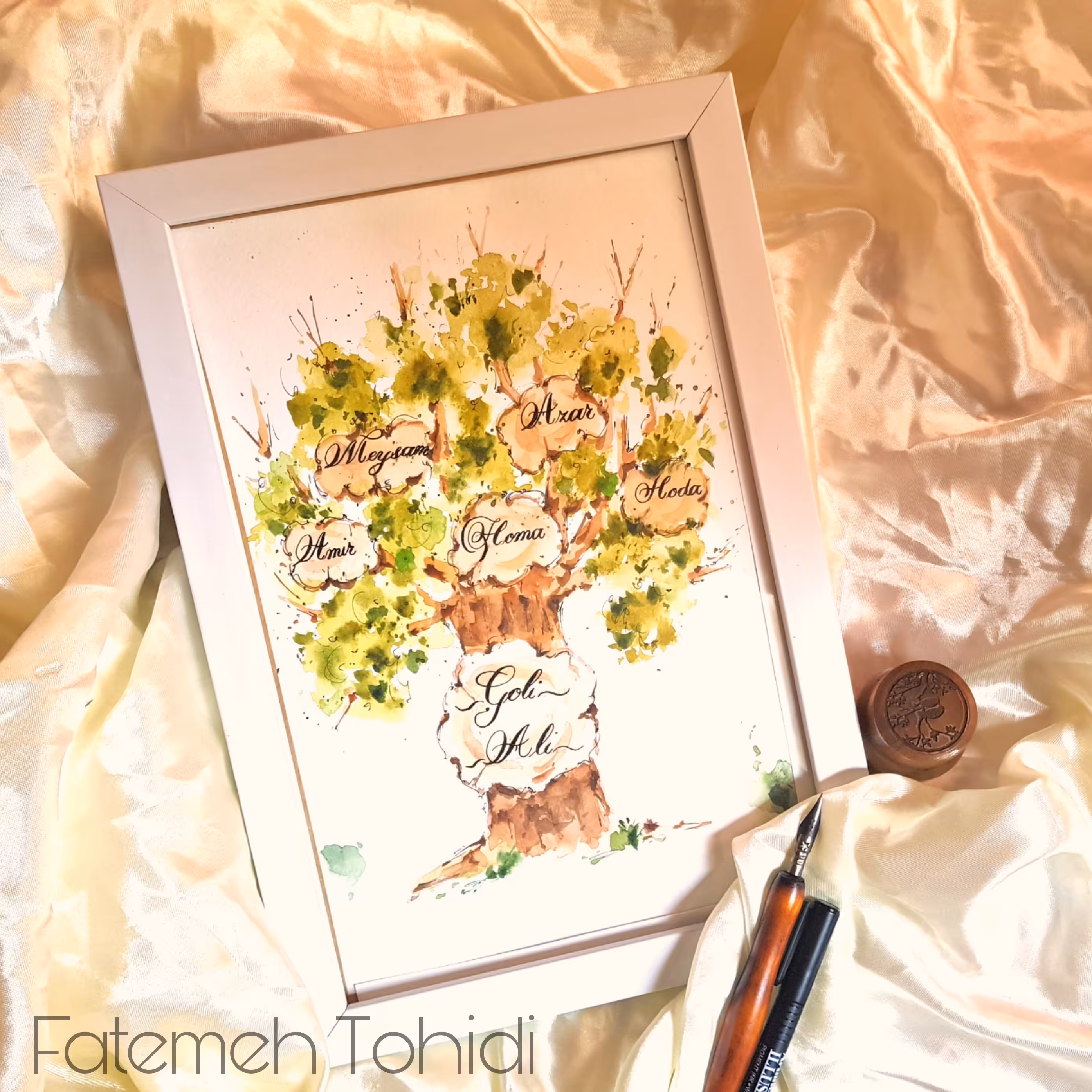 نقاشی شجره نامه ترکیب آبرنگ و کالیگرافی (20 در 30)