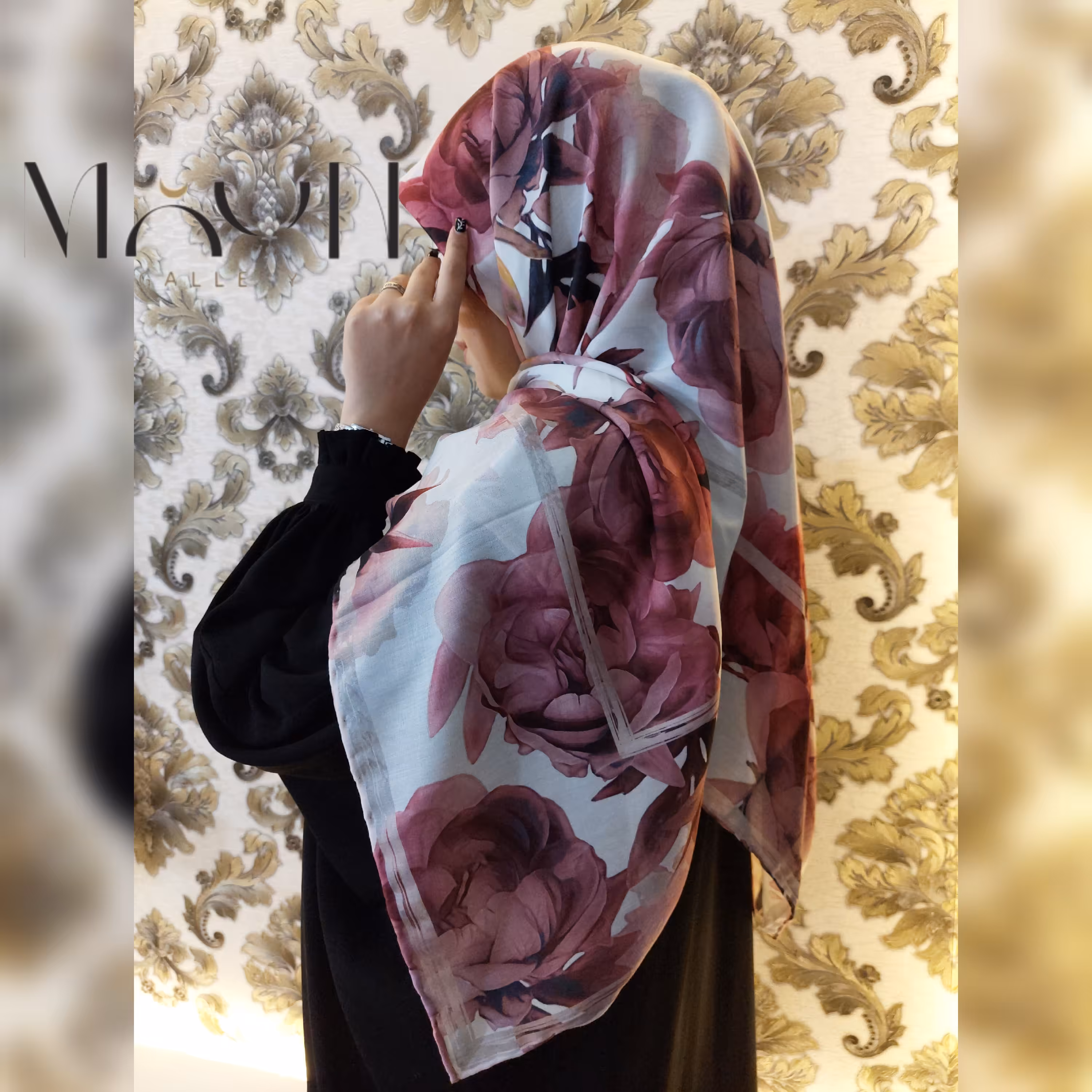 روسری کرپ حریر شیک طرح گل های ارغوانی(رنگ سال) 