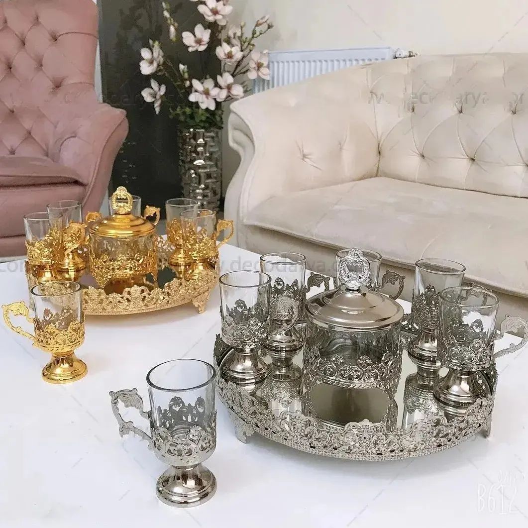 سینی گرد کف اینه مدل تاج در سه رنگ انتیک طلایی و سیلور