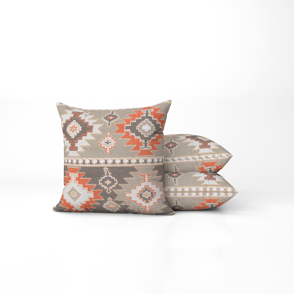 کوسن مخمل دورو سایز 45 در 45 سانتیمتر طرح سرخ پوست طوسی نارنجی زمینه کرم جفت، ارسال رایگان