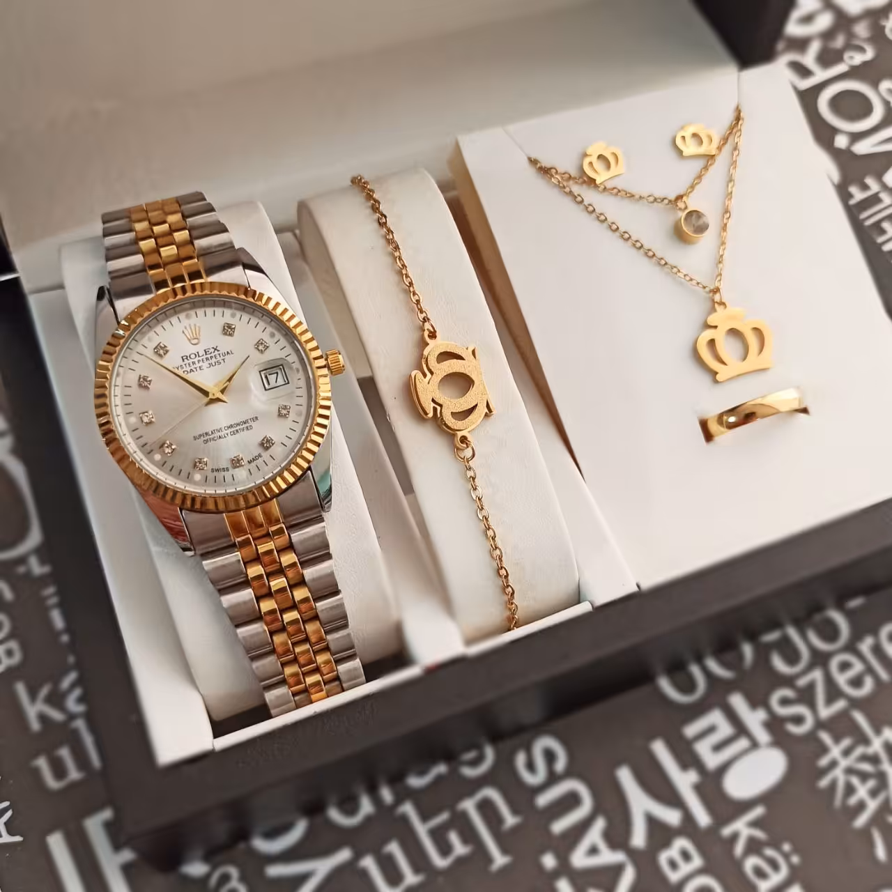 ست ساعت رولکس زنانه دخترانه با دستبند و نیم ست مدل تاج و انگشتر