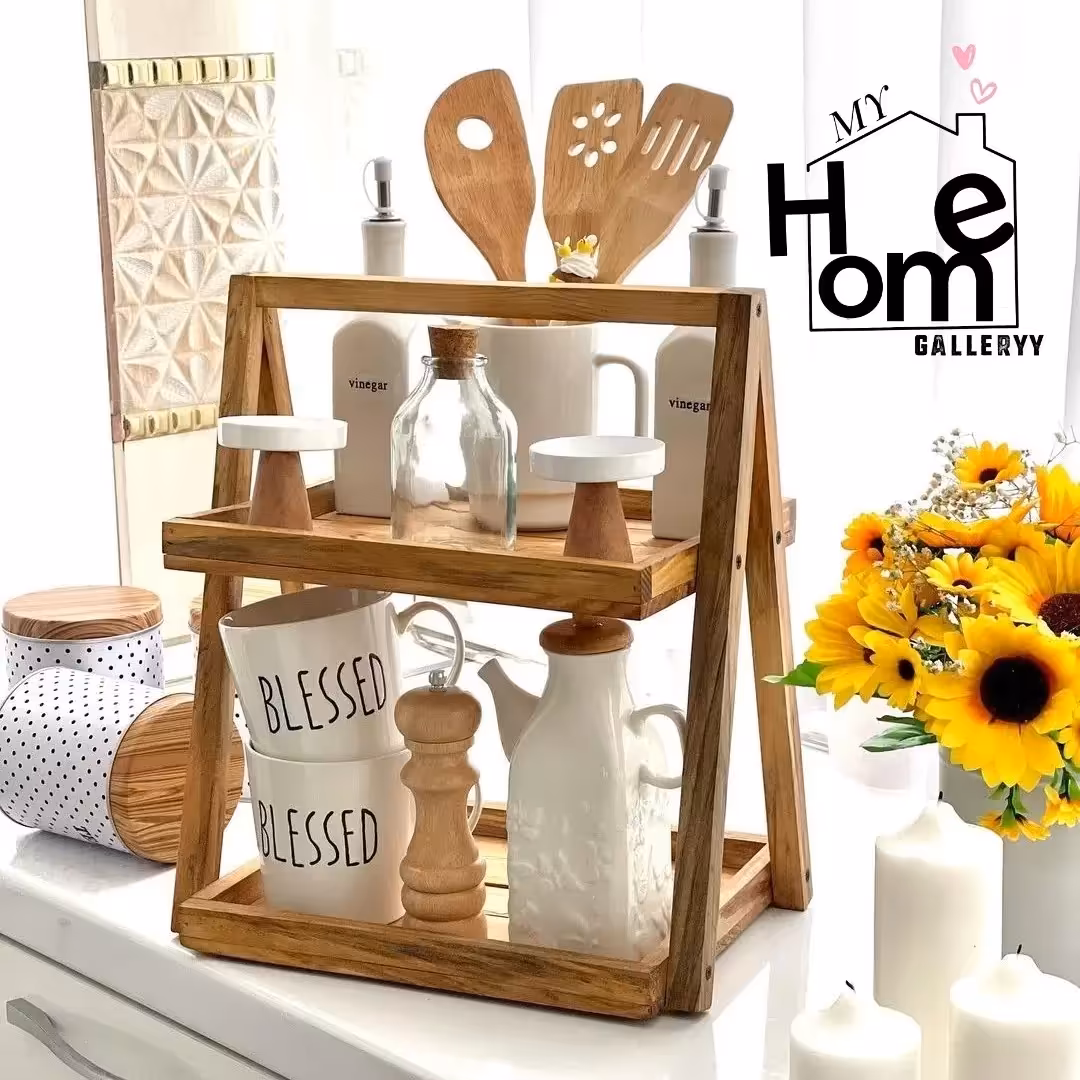 استند نظم دهنده  دو طبقه تمام چوبی مربعی رنگ عسلی