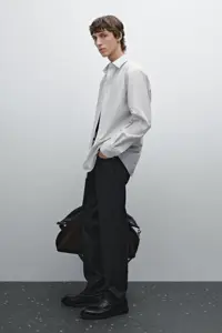پیراهن / بلوز دکمه دار خاکستری مردانه 100 ٪ پنبه راه دوتایی T Massimo Dutti