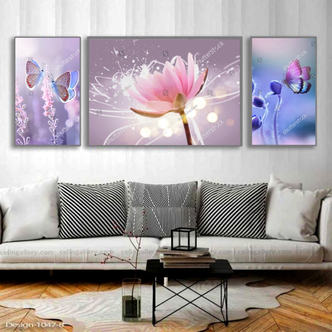 تابلو دکوراتیو طرح عکس گل وپروانه های بنفش وصورتی سه تکه 