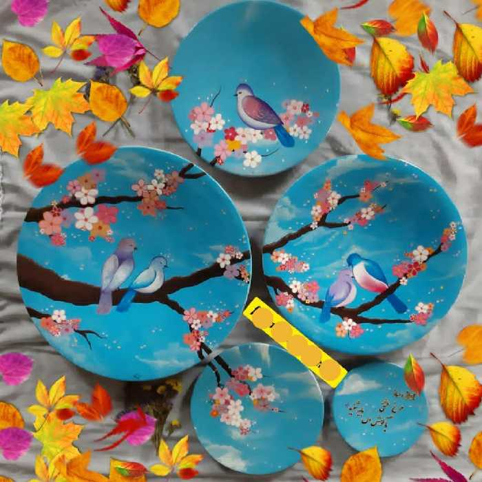 ست بشقاب دیوارکوب سفالی پازلی طرح نقاشی پرنده و شکوفه 1