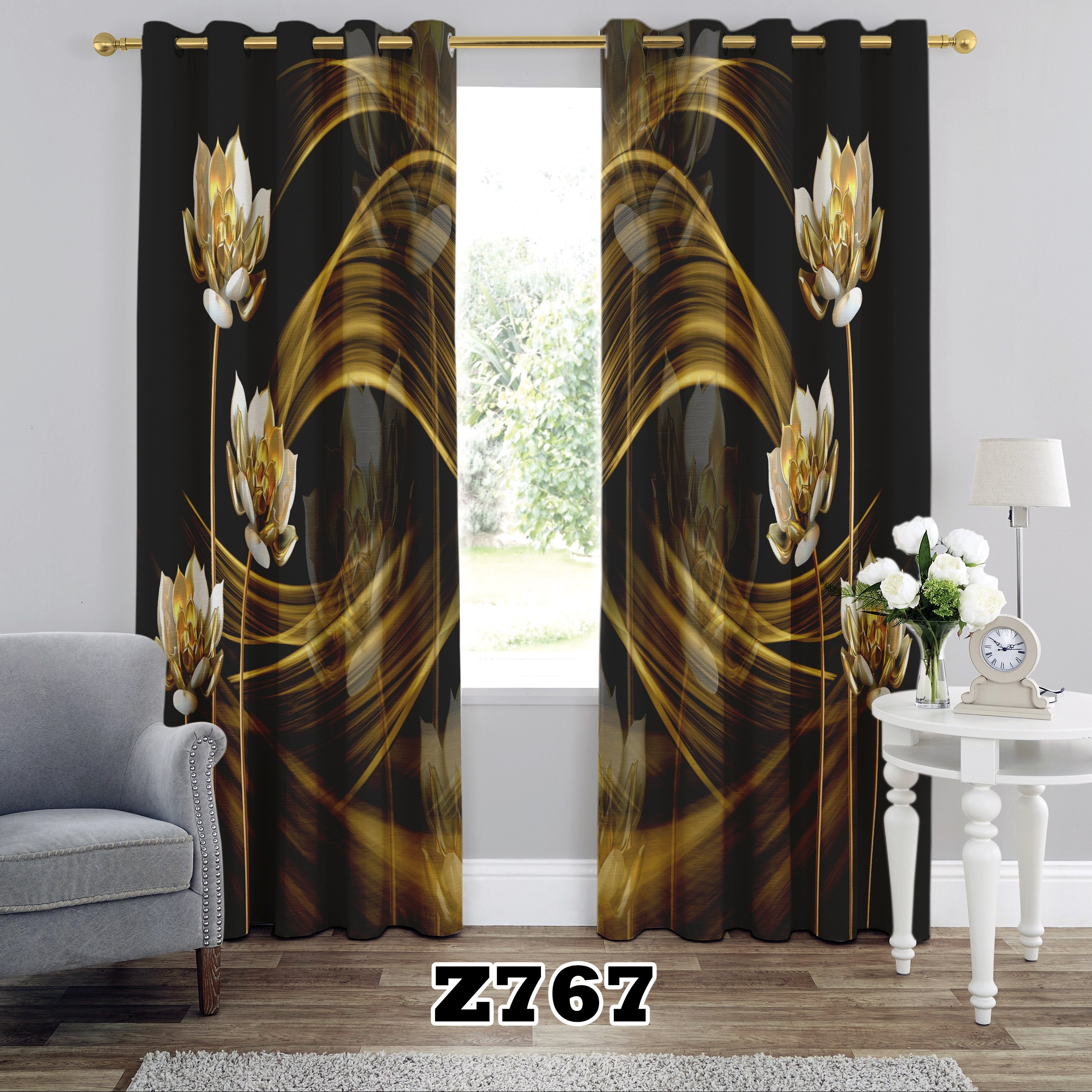 پرده چاپی طرح گل کد Z767 تک قواره ارتفاع 300 عرض 140 سانت