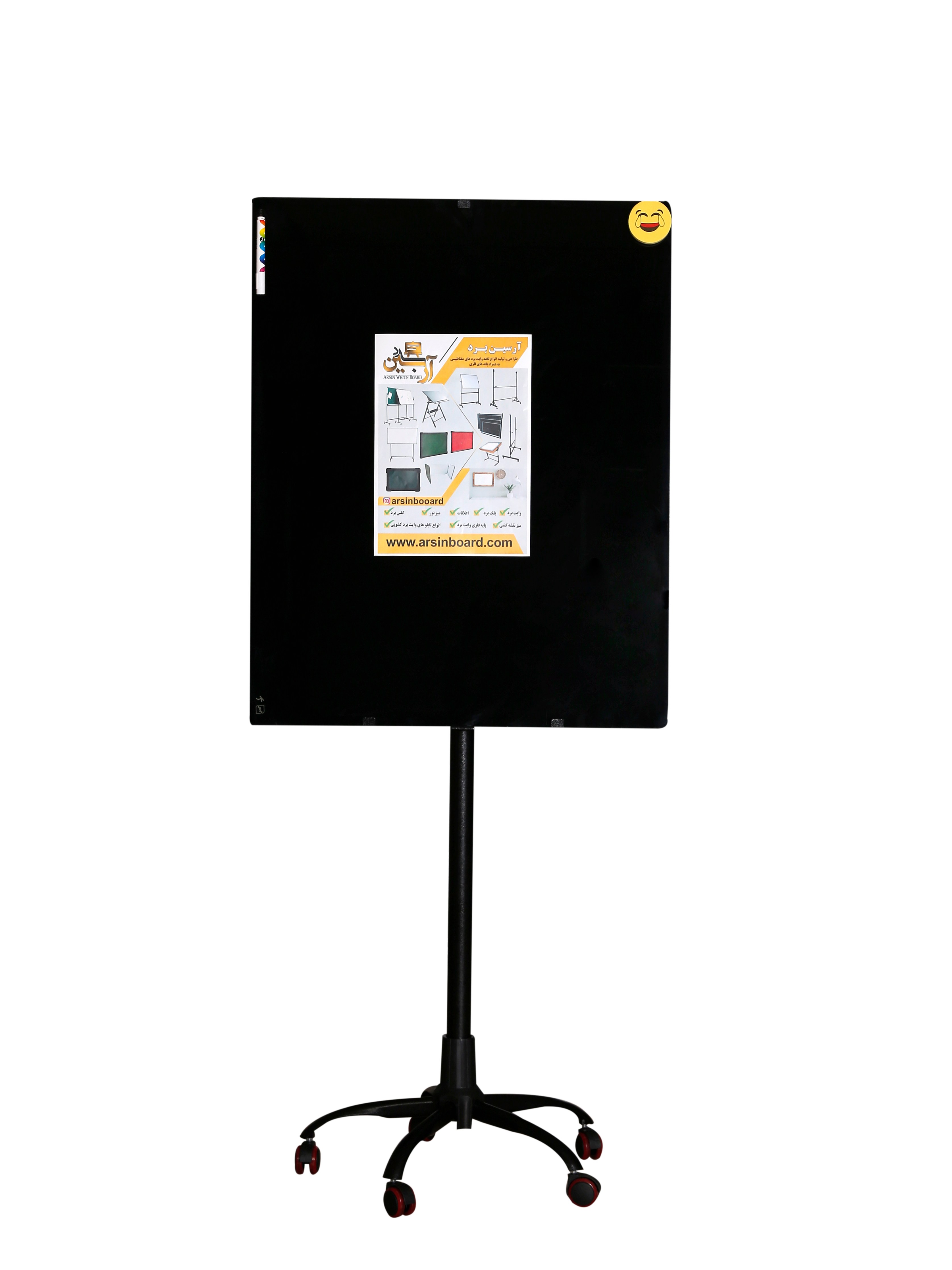 تخته وایت برد شیشه ای با پایه مدیریتی مغناطیسی مشکی سایز 100 در 80 پس کرایه