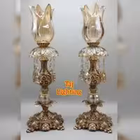 چراغ شمعدان  رومیزی برنجی آنتیک با لاله شامپاینی (پس کرایه)