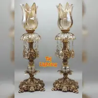 چراغ شمعدان  رومیزی برنجی آنتیک با لاله شامپاینی (پس کرایه)