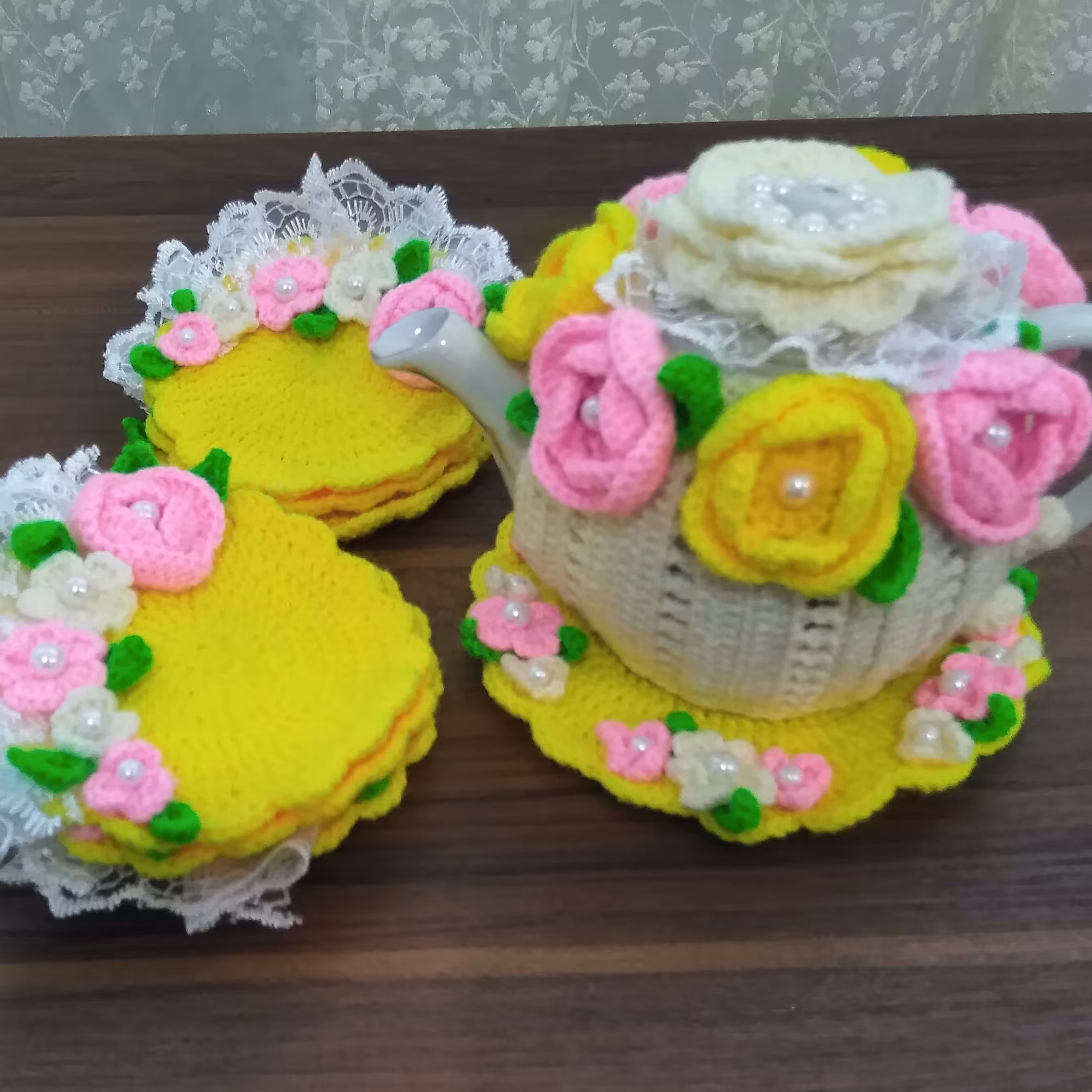 ست کاور قوری بافتنی زیر استکانی زیر قوری زیر قندونی