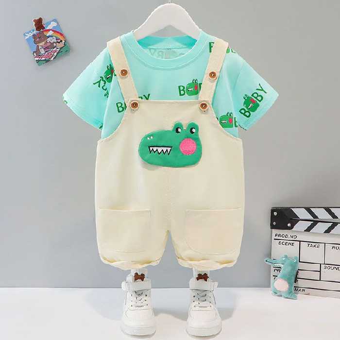 ست دوتیکه تیشرت و بیلر  ست وارداتی شیک تیشرت نخ پنبه ای بیلر کتان شکلک برجسته ست پسرانه و دخترانه 