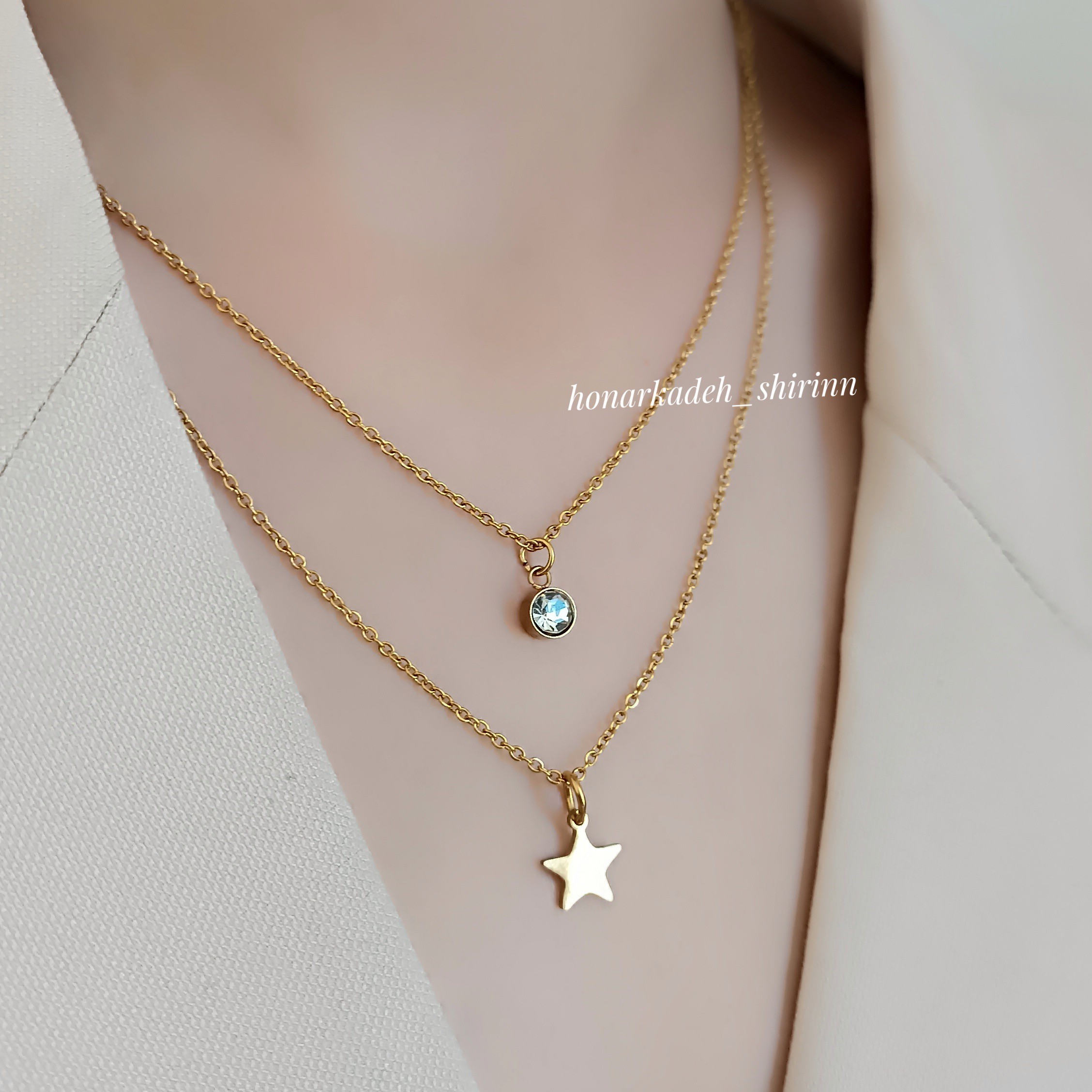 نیمست استیل زنانه دو لاین با پلاک ستاره و نگین 