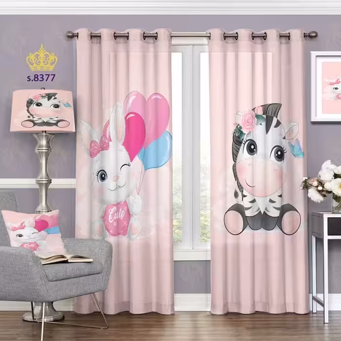 پرده اتاق خواب کودک  دو قواره پانچ آماده طرح خرگوش و گاو کد S8377