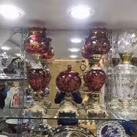 ست کامل لاله شمعدان و شکلات خوری زرشکی حکاکی شده