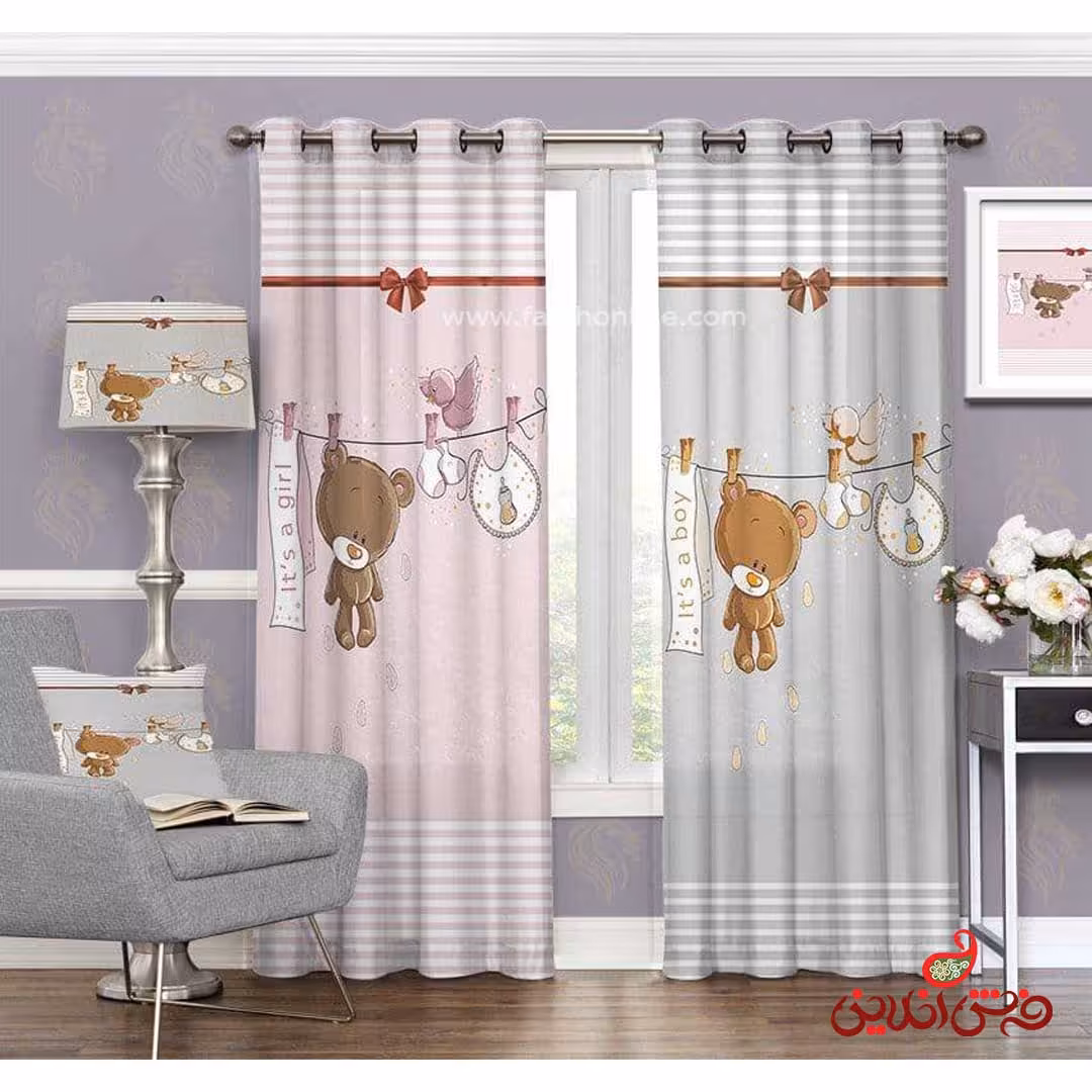 پرده 2عددی کودک طرح خرس و بند رخت کد 3165