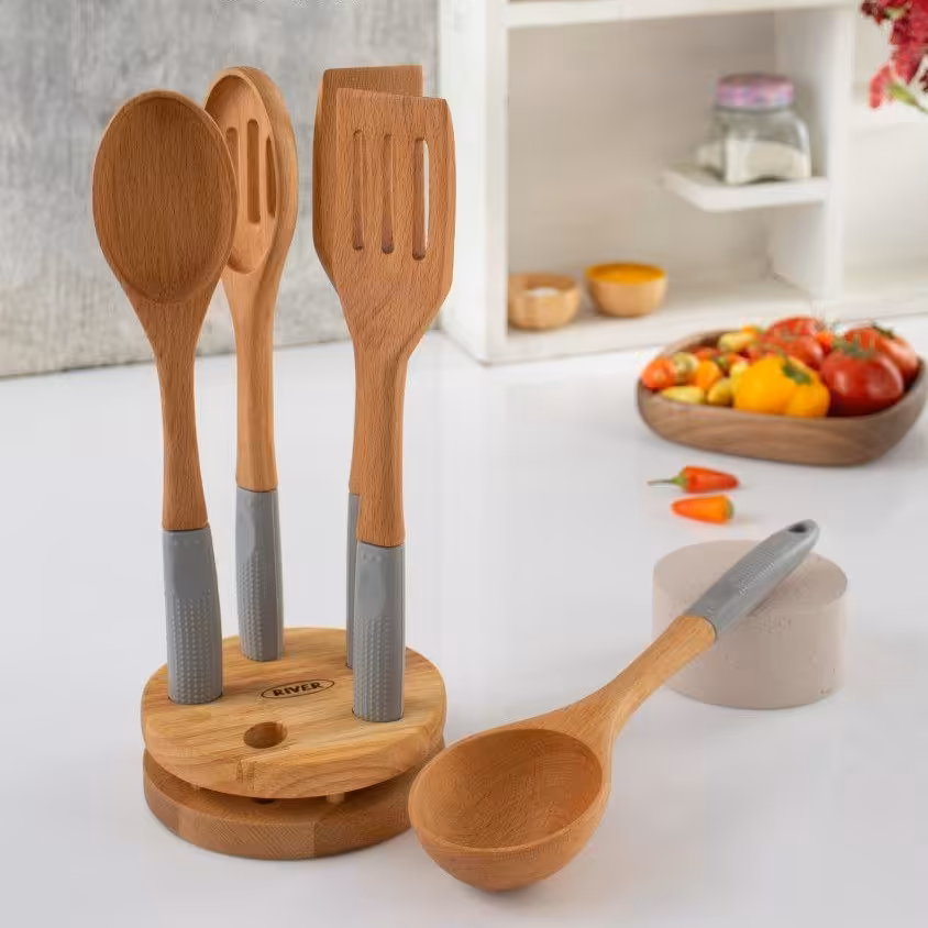 کفگیر و ملاقه چوبی دسته سیلیکونی نسوز  برند ریور  