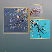 تابلو نقاشی اکریلیک سه تکه شکوفه های بهاری هنر دست. 