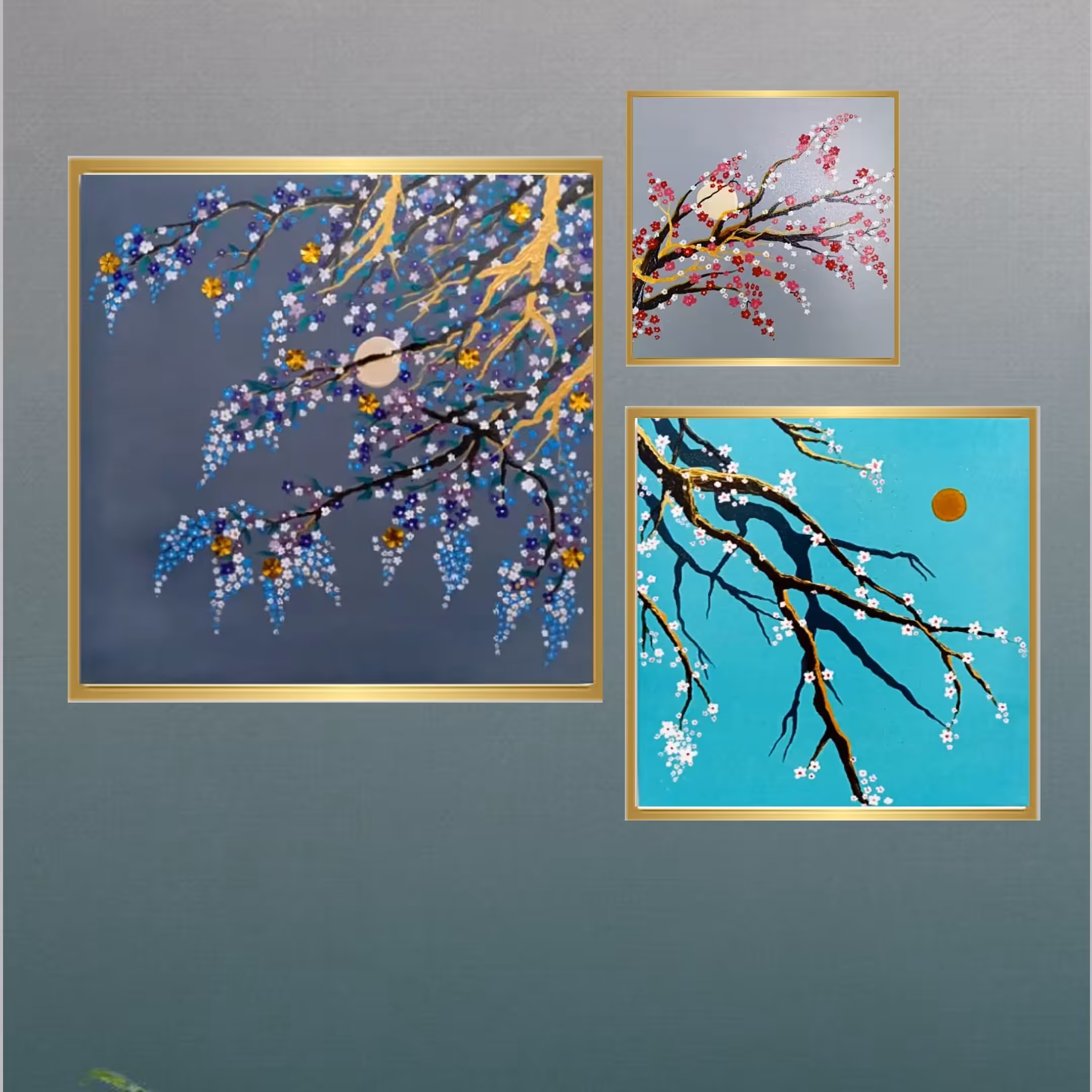 تابلو نقاشی اکریلیک سه تکه شکوفه های بهاری هنر دست. 