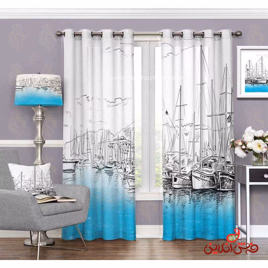 پرده طرح قایق های لنگر گرفته بر روی دریاچه آبی کد 3391