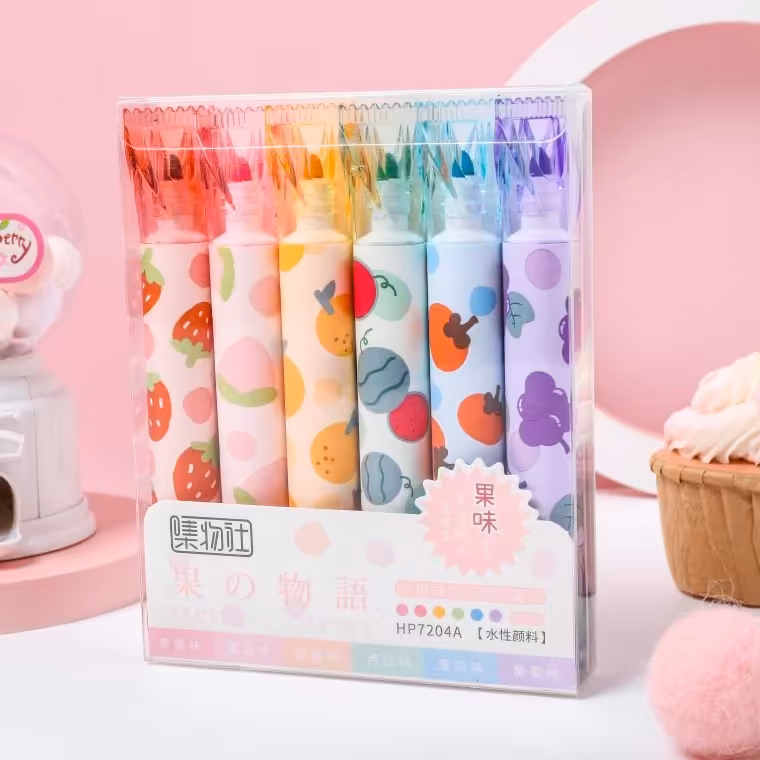 هایلایتر فانتزی دو سر معطر 6 رنگ طرح آبنبات میوه ای  در رنگ های صورتی آبی بنفش سبز نارنجی 