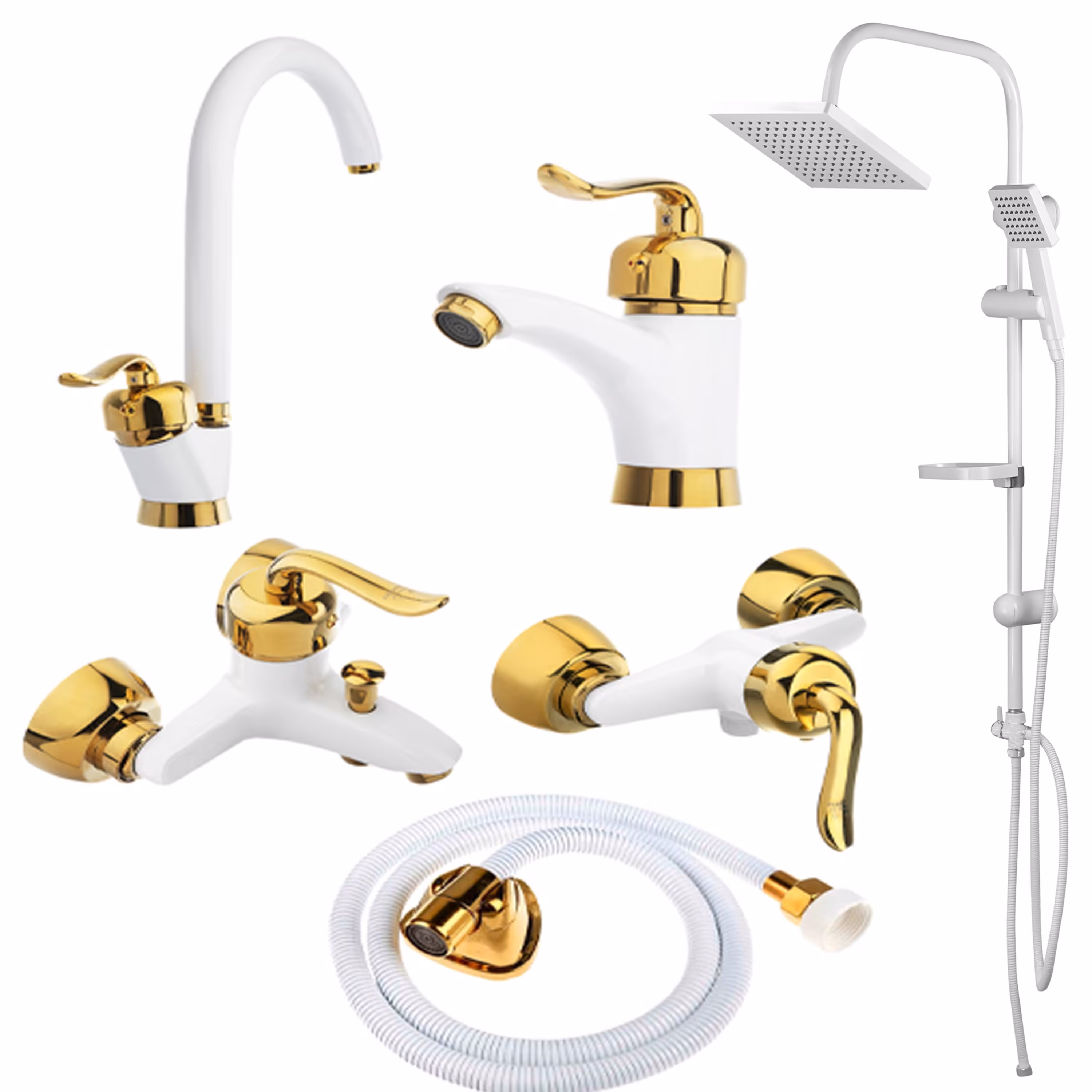 شیرآلات سفیدطلایی رویال همراه علم دوش حمام و شلنگ توالت