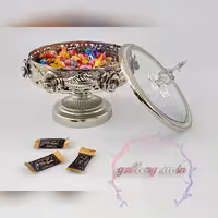 شکلات خوری  پایه دار نقره ای فلزی طرح گل رز درب شیشه ای(پس کرایه)