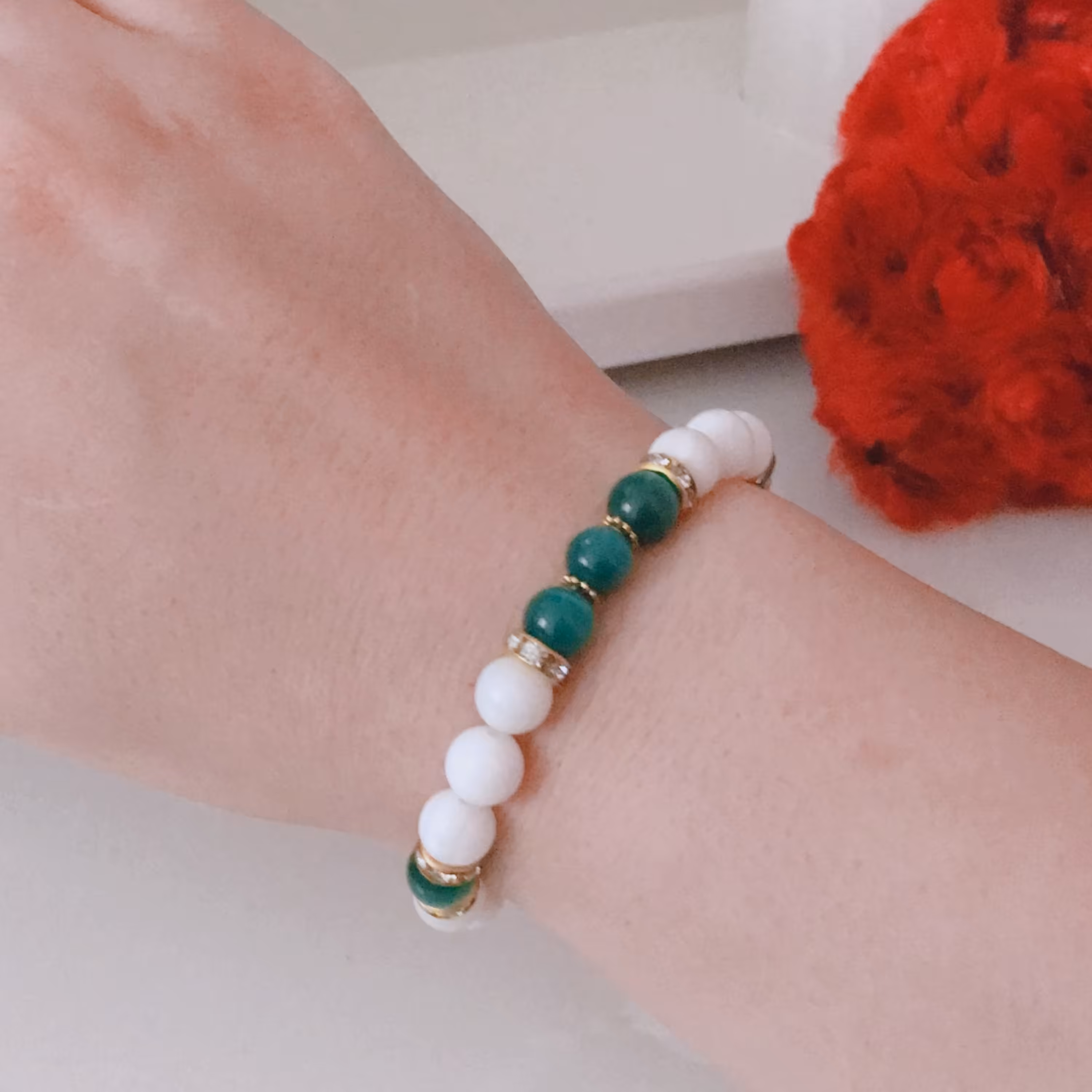 دستبند سنگی چشم گربه سبز و سفید کشی 