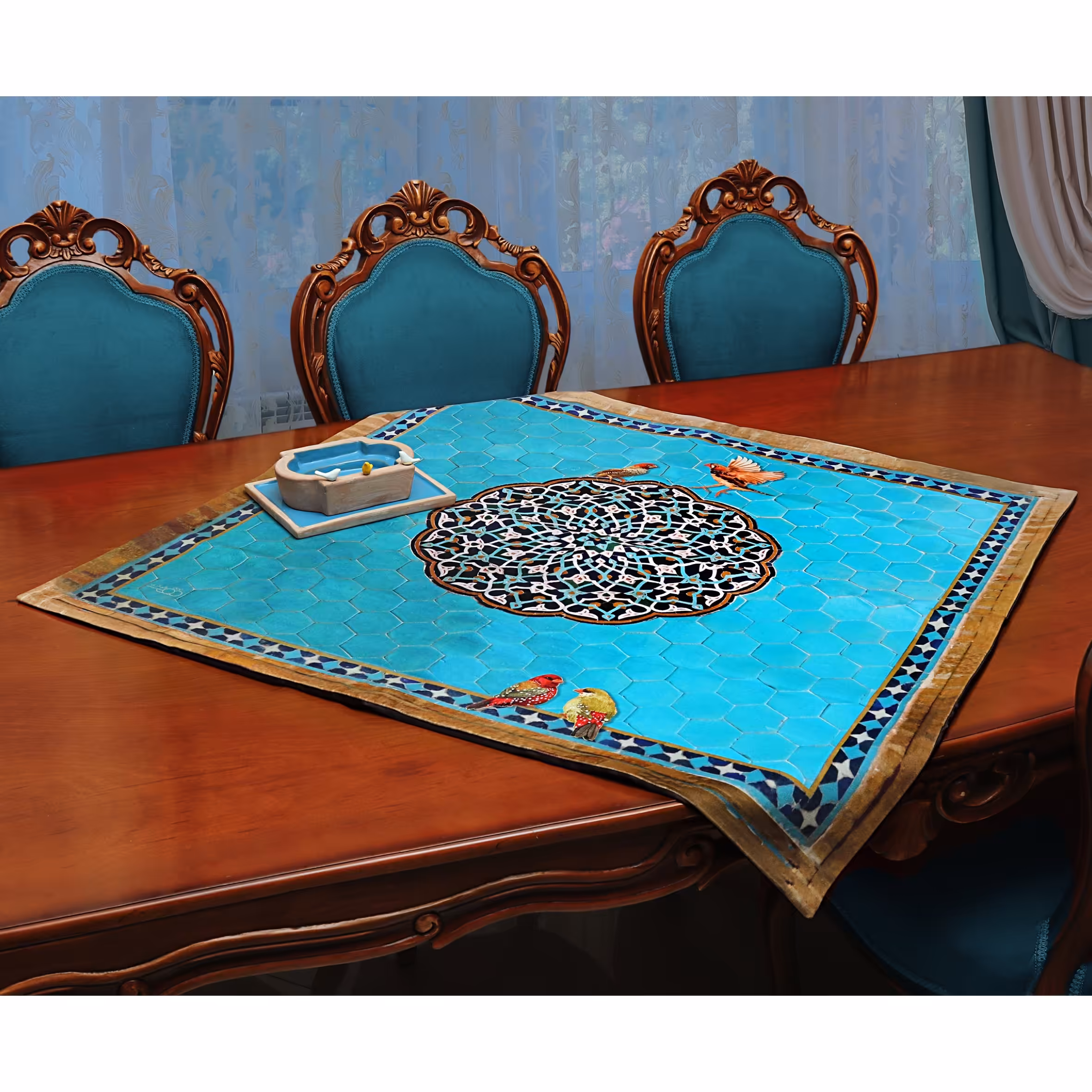 رومیزی مربع  سایز 100 طرح حوض فیروزه ای