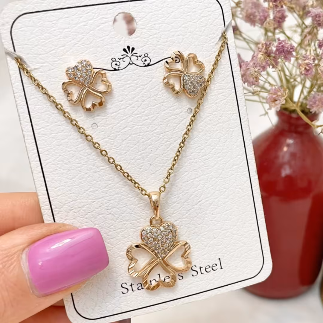 نیم ست ظریف و جواهری شبدر استیل زنانه دخترانه مارک ژوپینگ