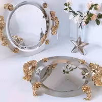 سینی تمام استیل نگار دسته طلا مدل گلستان دایره سایز بزرگ 