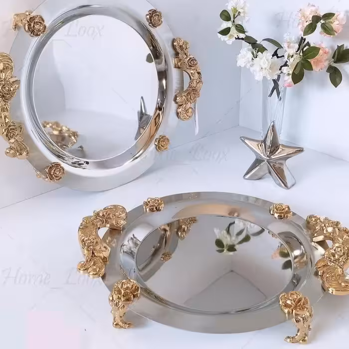 سینی تمام استیل نگار دسته طلا مدل گلستان دایره سایز بزرگ 