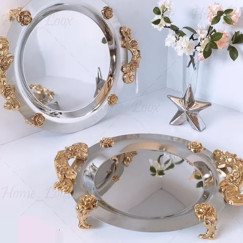 سینی تمام استیل نگار دسته طلا مدل گلستان دایره سایز بزرگ 