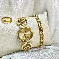 ست ساعت ودستبند زنانه به همراه دستبند و انگشتر با رنگ ثابت دارای سایز بندی 