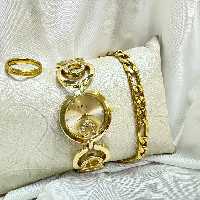 ست ساعت ودستبند زنانه به همراه دستبند و انگشتر با رنگ ثابت دارای سایز بندی 