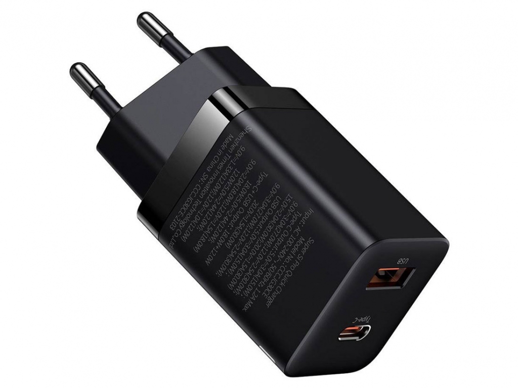 شارژر دیواری فست بیسوس-مشکی Baseus Super sipro quick charger C U 30W EU CCSUPP-E01