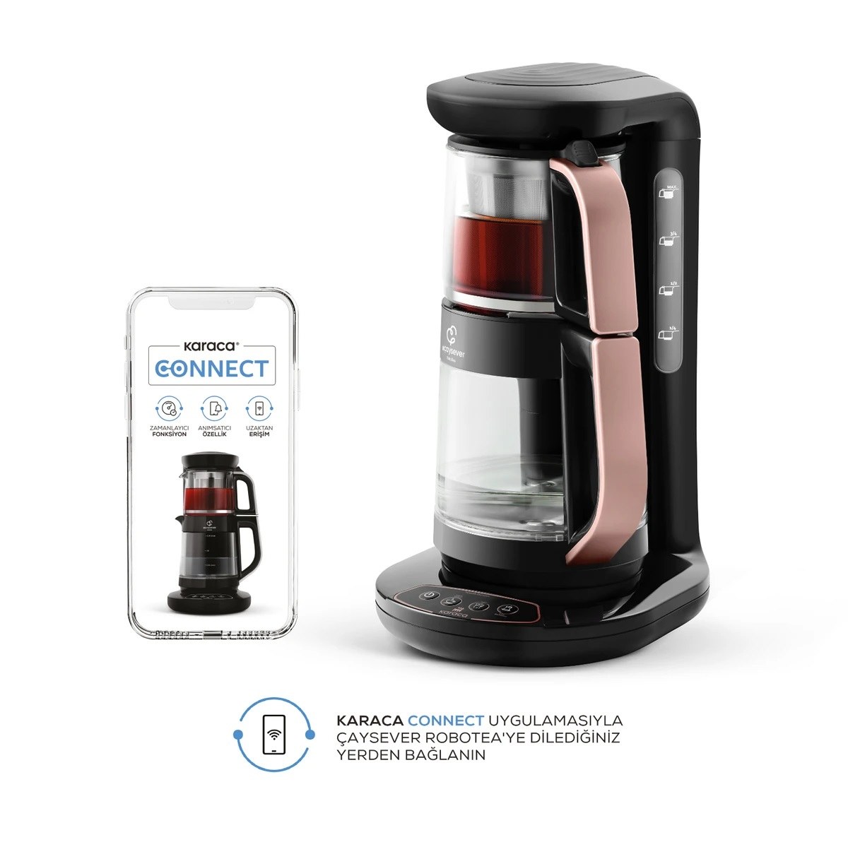 چایساز و قهوه ساز سخنگوی کاراجا مدل شیشه ای Robotea Connect رنگ رزگلد