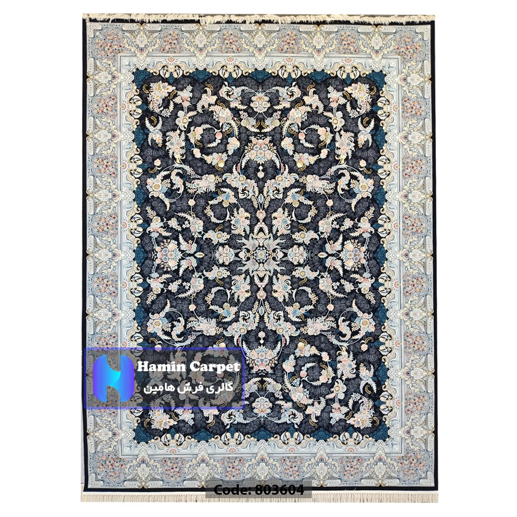 فرش 9 متری 700شانه تراکم 2550 نخ آکلریک رنگ زمینه سرمه ای کد AR803604