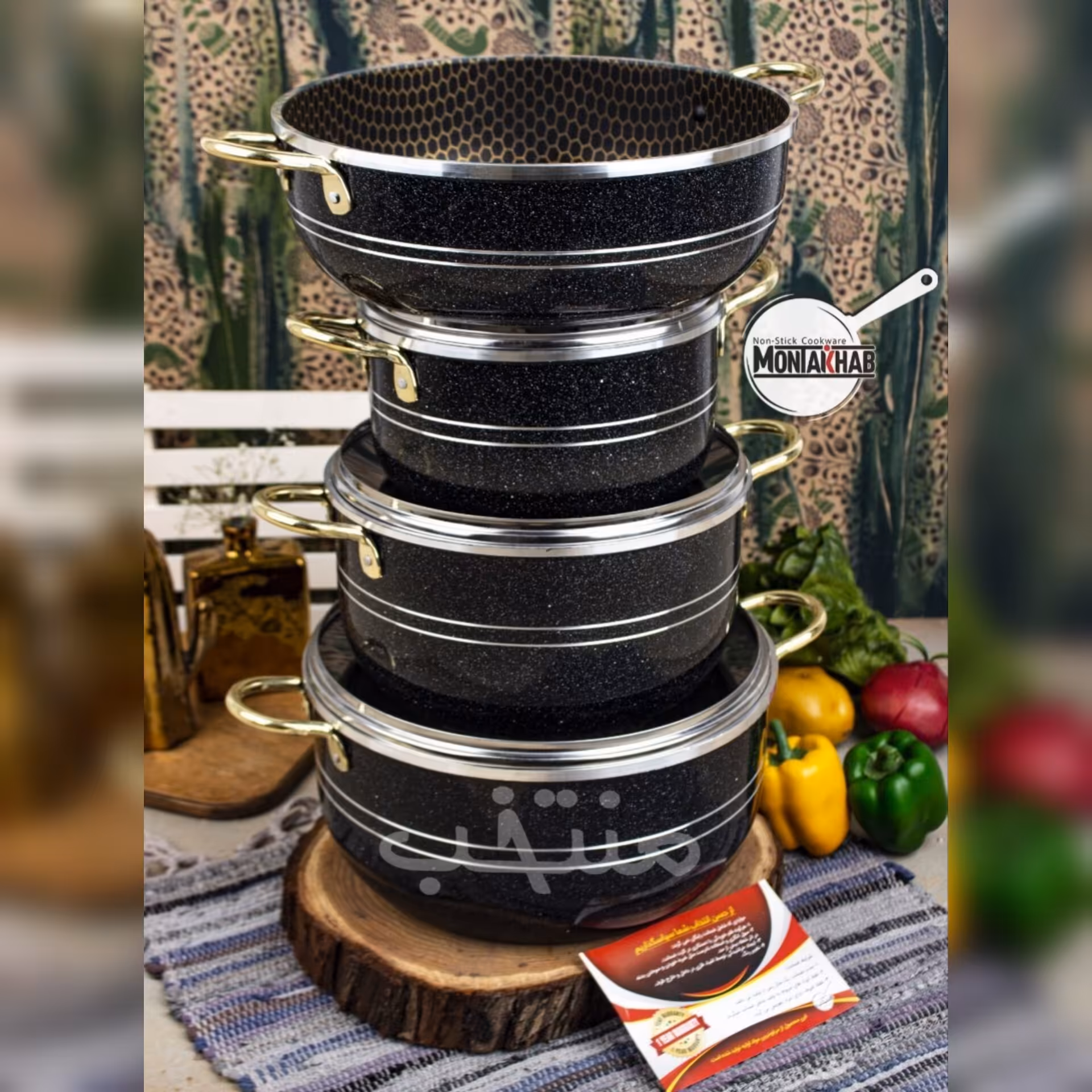 سرویس قابلمه 7 پارچه داخل گرانیت زنبوری رنگ مشکی