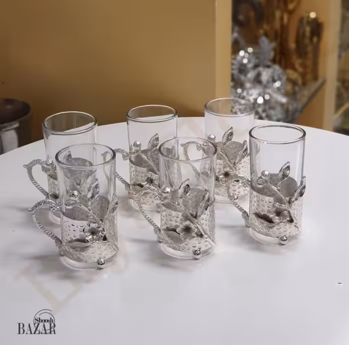 سرویس فنجان چای خوری گل برنجی نقره ای کد 3456