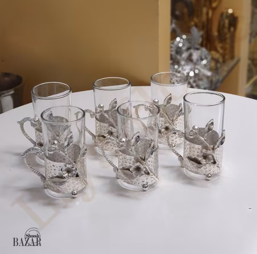 سرویس فنجان چای خوری گل برنجی نقره ای کد 3456