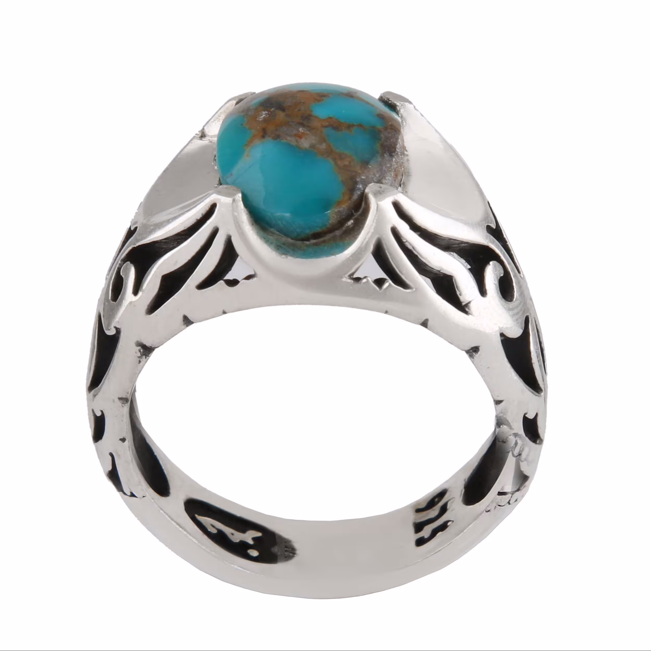 انگشتر نقره مردانه بازرگانی میلادی مدل فیروزه طبیعی رکاب دست ساز سیا قلم  AM2990