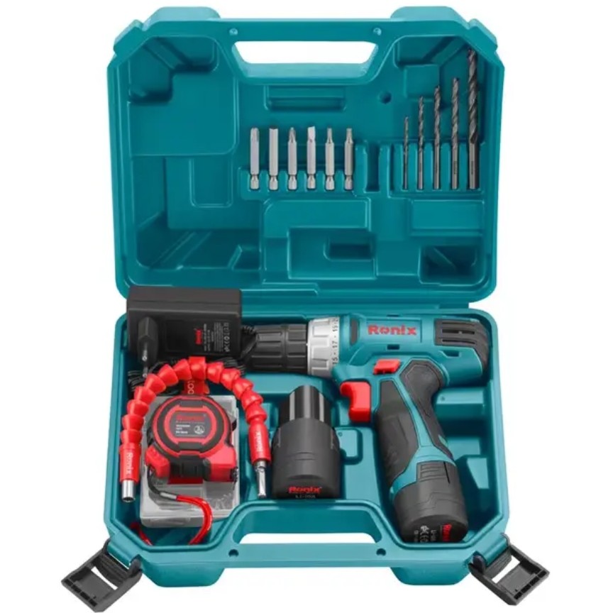 کیت19پارچه  دریل شارژی رونیکس 12ولت دوباتری به همراه 12ماه گارانتی طلایی رونیکس 