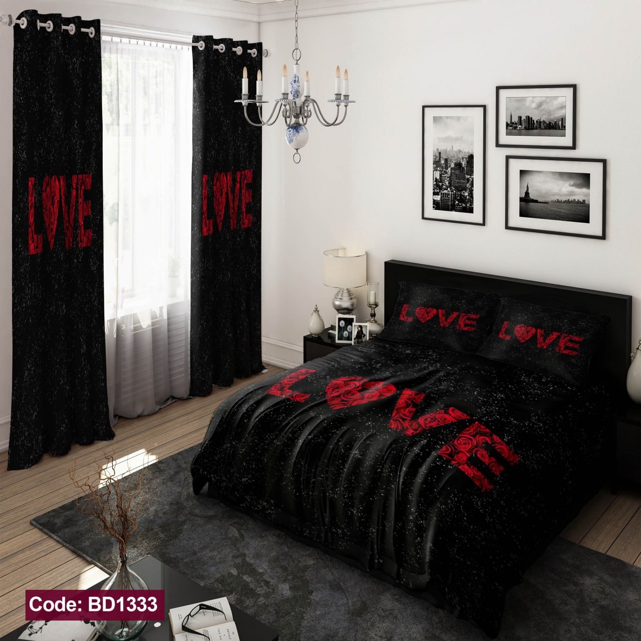 روتختی دو نفره (Love) قرمز و مشکی با طراحی تصویر گل رز 2 نفره