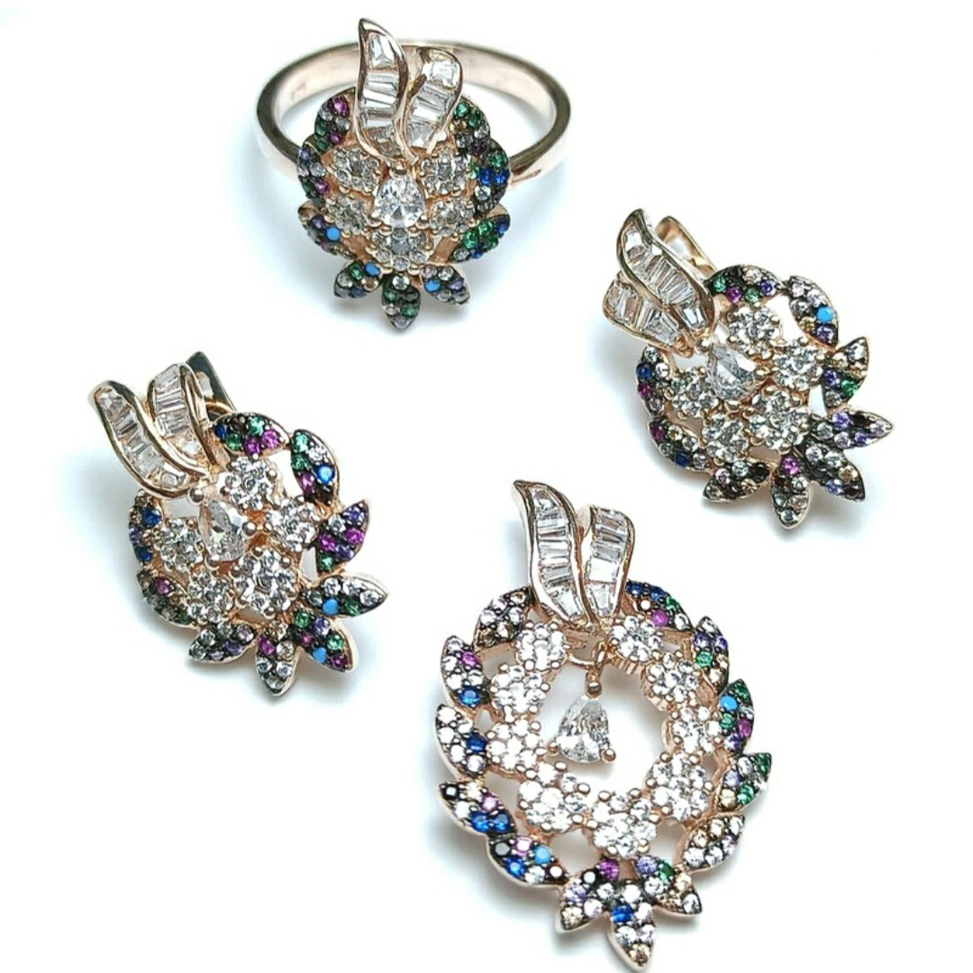 نیم ست نقره جواهری با آبکاری رزگلد