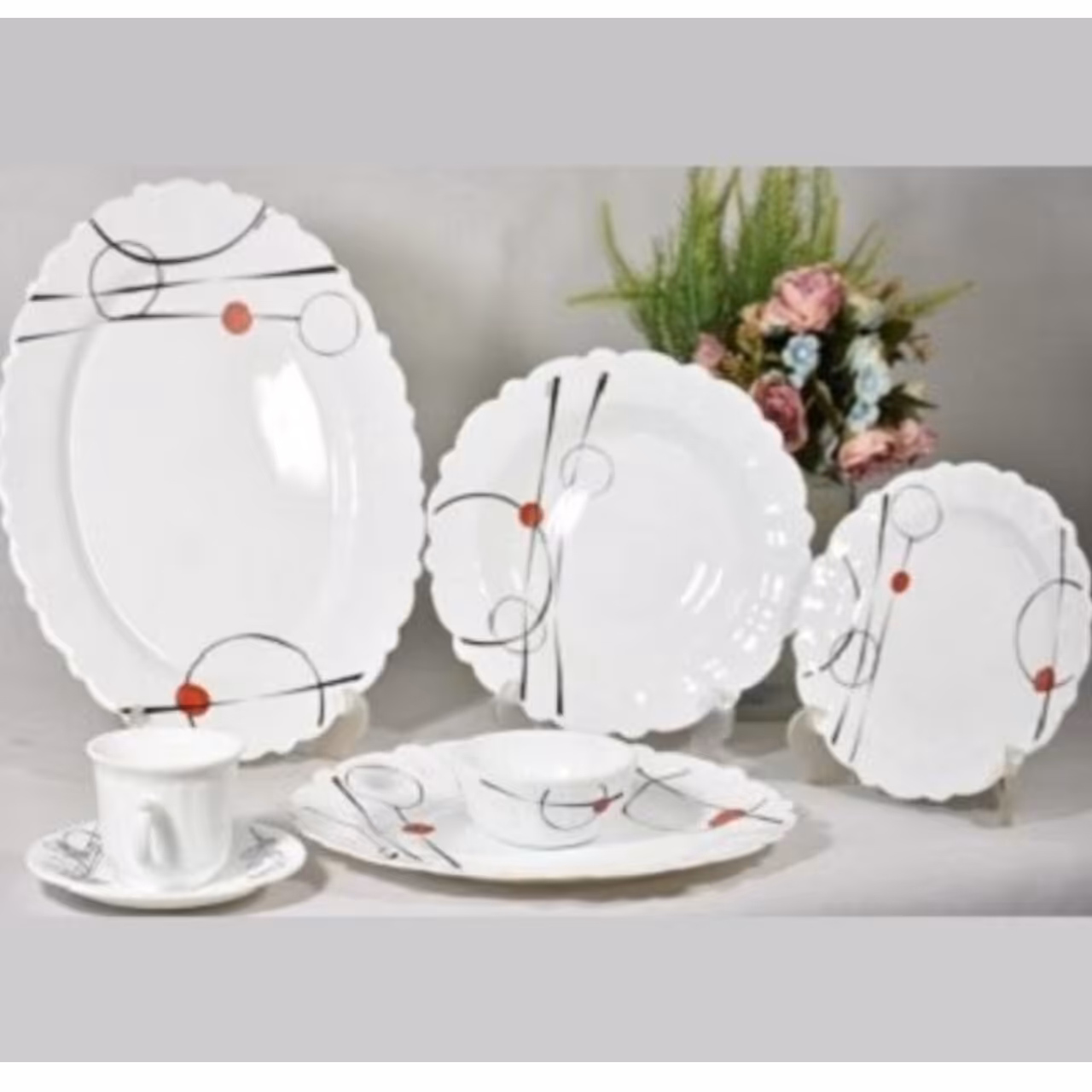 سرویس غذاخوری 25 پارچه 6 نفره گرد کنگره طرح رویا قرمز