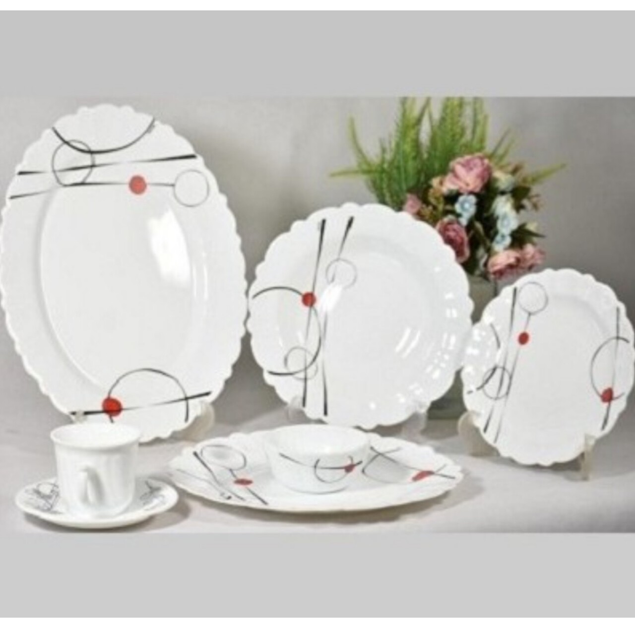 سرویس غذاخوری 25 پارچه 6 نفره گرد کنگره طرح رویا قرمز