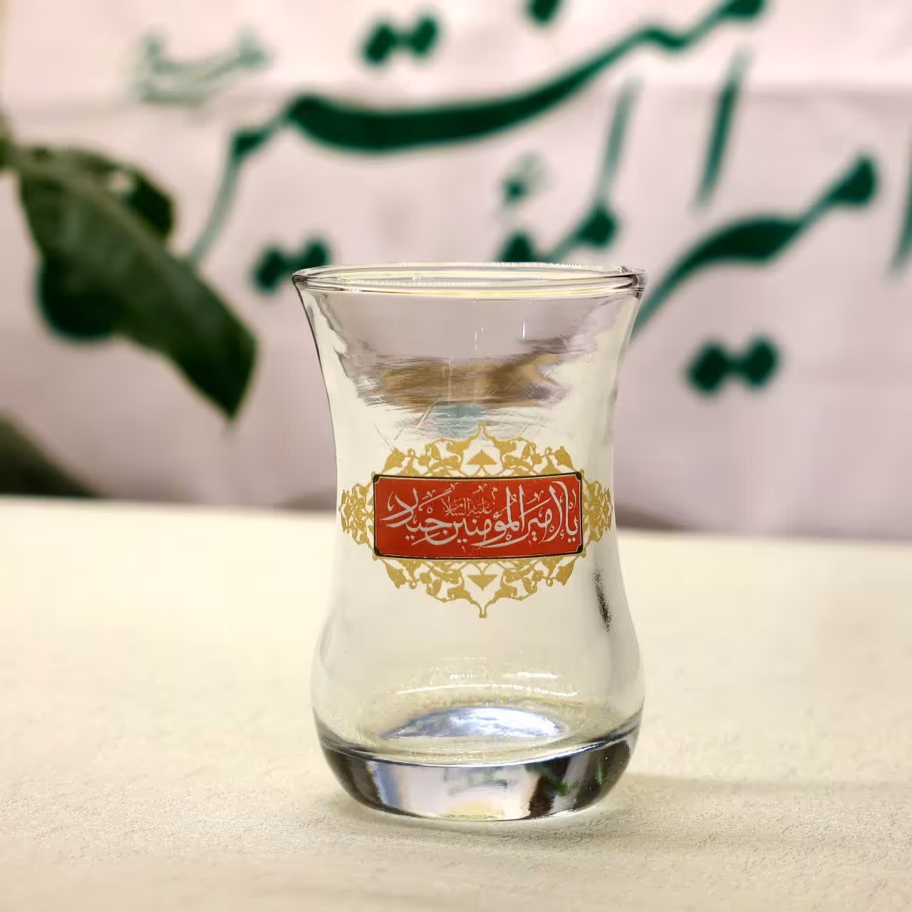 استکان کمر باریک هیئتی مذهبی با یا امیر المومنین حیدر  چاپ کوره ای و رنگ ثابت دست 6عددی