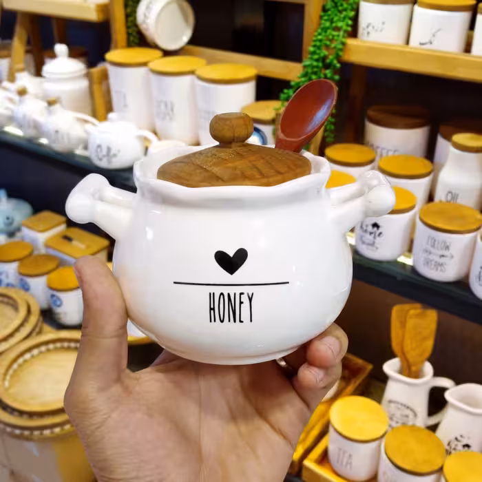 عسل خوری و مربا خوری دسته دار هانی درب و قاشق چوبی کیفیت درجه یک