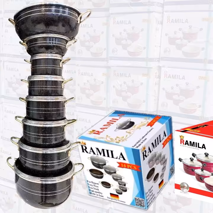 خرید و قیمت سرویس قابلمه 14 پارچه دسته طلایی زنبوری - تولیدی قابلمه 14 پارچه - nonstick cookware manufactory